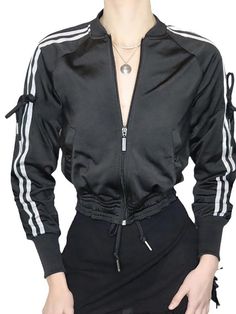 Bow Side Stripes Jacket - AnotherChill Fall Black Track Jacket With Zipper Closure, Black Track Jacket With Zipper For Fall, Black Long Sleeve Fall Windbreaker, Casual Black Track Jacket With Zipper Closure, Black Casual Track Jacket With Zipper, Casual Black Track Jacket With Zipper, Sporty Fitted Black Windbreaker, Black Fitted Windbreaker For Sports, Fitted Black Windbreaker For Sports