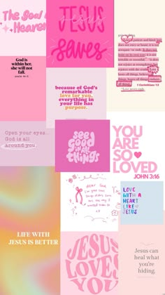 a collage of pink and purple images with the words jesus is love on them