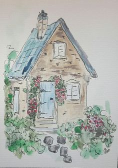 a drawing of a house with flowers and plants around it