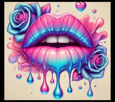 a painting of a lips with roses and drops of paint on the lip, as if it were dripping