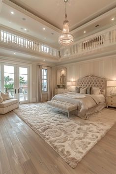 a large bedroom with white furniture and chandelier