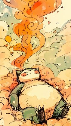 a drawing of a cat sleeping on the ground with clouds and sun in the background