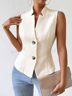 Sleeveless Knit Sweater Vest With Buttons, Fitted Sleeveless Sweater Vest For Winter, Trendy Fitted Knit Vest, Elegant Fitted White Sweater Vest, Sleeveless Tops With Buttons For Fall, Fitted Sleeveless Knit Sweater Vest, Fitted Sleeveless Beige Sweater Vest, Fitted Beige Sleeveless Sweater Vest, Chic Fitted Beige Sweater Vest