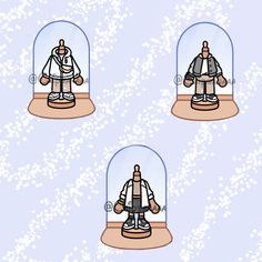 three snow globes with two men in white coats and one is holding a bag