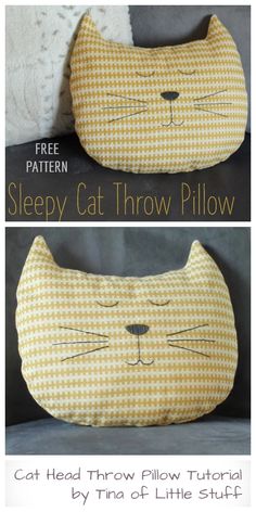 two pillows that have cats on them, one is yellow and the other is white