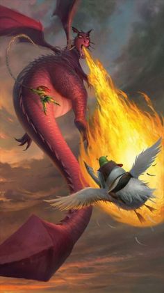 a bird flying next to a fire breathing dragon on top of a cloud covered sky