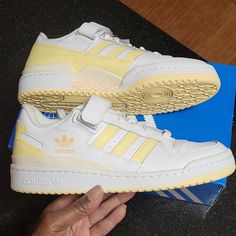 3 Stripe Logo, Detachable Foot Strap, Yellow Gum Rubber Sole Adidas Yellow Sneakers For Spring, Yellow Sneakers With Removable Insole For Sports, Adidas Shoes White, Adidas Rivalry Low, Adidas White Shoes, Adidas Forum Low, Adidas Yellow, Forum Low, Adidas Forum