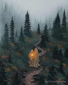 a painting of a person sitting in the middle of a forest with a light on their head