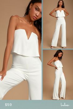 You'll be absolutely irresistible when you're wearing the Lulus Power of Love White Strapless Jumpsuit! Stretch crepe knit shapes a strapless bodice with a fluttering tier, hidden V-bar, and no-slip strips. A high, fitted waist tops relaxed wide leg pants. Hidden back zipper. Fit: This garment fits true to size. Length: Floor length. Size medium measures 56.25" from top to bottom. Inseam: 32.75 Front Rise: 14.25 Bust: Works best for A to C cup sizes - consider sizing up for fuller bust. Waist: F Spring Strapless Jumpsuit For Night Out, Fitted Strapless Jumpsuit For Spring, Chic Bandeau Bottoms For Date Night, Flirty Strapless Fitted Jumpsuits And Rompers, Fitted Strapless Flirty Jumpsuits And Rompers, Strapless Flirty Jumpsuits For Spring, Strapless Ruffled Jumpsuits And Rompers For Date Night, Chic Summer Jumpsuits And Rompers With Sweetheart Neckline, White Bandeau Strapless Jumpsuit For Summer