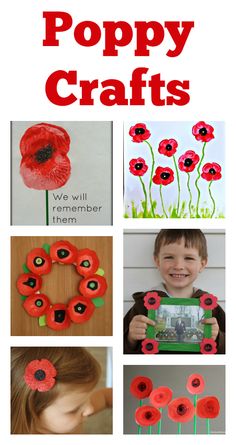 poppy crafts for kids to make with paper flowers and pictures on the front, in different colors