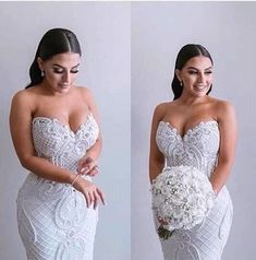 two photos of a woman in a wedding dress holding a bouquet and posing for the camera