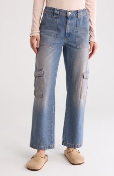 A faded wash enhances the retro appeal of wide-leg cargo jeans constructed nonstretch cotton denim. 27" inseam; 11" front rise (size 26x32) Back elastic waist Zip fly with button closure Front slant pockets; cargo flap-patch pockets 100% cotton Machine wash, dry flat Imported Wide Leg Cargo Jeans, Bdg Urban Outfitters, Cargo Jeans, Nordstrom Rack, Denim Jeans, Urban Outfitters, Elastic Waist, Wide Leg, Nordstrom