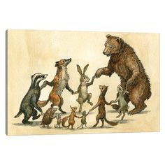 a group of animals standing next to each other on top of a white surface canvas wall art