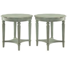 pair of round side tables with turned legs in light green painted wood, set of 2