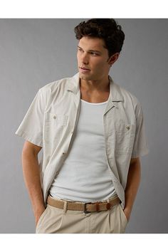 Textured herringbone cotton/Camp collar/Full button-up front/Two chest pockets with button flap closures/This shirt is Real Good: Made with the planet in mind & a promise to continue to do better. Cream Button Up Shirt Outfits, White Jeans Men, Athletic Fit Jeans, Dream Jeans, Jean Trends, Curvy Jeans, Loose Jeans, Do Better, Women Denim Jeans