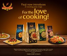 an advertisement for the love of cooking restaurant, featuring pasta and other food items on display