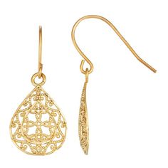 Decorated with ornate filigree details, these 10k gold drop earrings make an eye-catching accessory. Decorated with ornate filigree details, these 10k gold drop earrings make an eye-catching accessory. Length: 17.3 mm Backings: arched wire Metal: 10k gold Finish: diamond-cut Packaging: boxed Size: One Size. Color: Multicolor. Gender: female. Age Group: adult. Elegant Filigree Dangle Jewelry, Fine Jewelry Dangle Earrings With Filigree, Fine Jewelry With Filigree Dangle, 14k Gold Filigree Earrings, Fine Jewelry Filigree Dangle Earrings, Fine Jewelry Filigree Drop Earrings, Fine Jewelry Drop Earrings With Filigree, Formal Teardrop Jewelry With Intricate Design, Victorian Teardrop Gold Jewelry