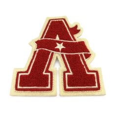 an embroidered patch with the letter'a'in red and white, on a white background