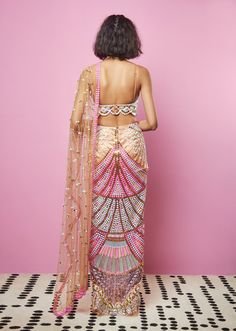 Papa Don'T Preach By Shubhika-Nude Saree Set-INDIASPOPUP.COM Papa Don't Preach, Embellished Saree, The It Girl, Backless Blouse Designs, Indian Dresses Traditional, Traditional Indian Outfits, Indian Bridal Wear, Indian Bridal Outfits, Stylish Sarees