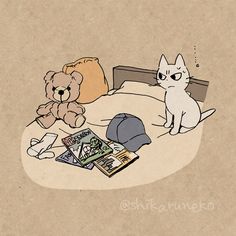 a cat sitting on top of a bed next to a teddy bear and other items