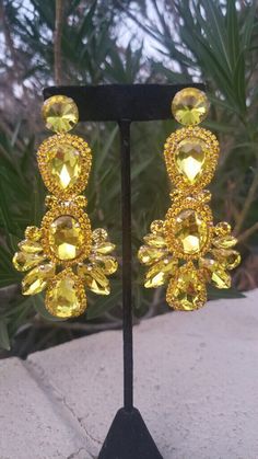 Yellow Crystal Earrings For Party, Elegant Yellow Earrings For Party, Yellow Rhinestone Jewelry For Party, Yellow Rhinestone Party Jewelry, Elegant Yellow Crystal Earrings For Party, Yellow Statement Earrings, Extra Long Earrings, Pageant Earrings, Yellow Bracelet