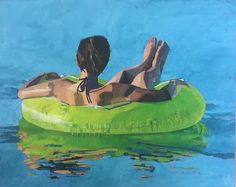 a painting of a person floating on an inflatable raft