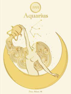 the zodiac sign for aquarius with a woman sitting on top of a crescent