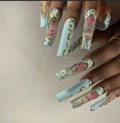 3d Mirror, Long Nail Designs, Colored Acrylic Nails, Glow Nails, Exotic Nails, Gem Nails, Gold Chrome