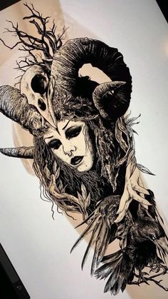 an ink drawing of a horned woman with horns and feathers on her head, holding a knife