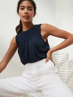 Gathered Yoke Crepe Tank | Banana Republic Factory Capsule Closet, Banana Republic Factory, Basic Tank Top, Smocking, Banana Republic, Open Shoulder Tops, Relaxed Fit, Crew Neck, Tank Tops