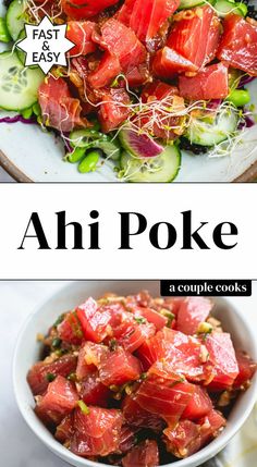 two plates with different types of food on them and the words ahi poke above it