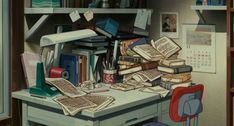 a desk with many books on it and a chair in front of the desk is full of papers