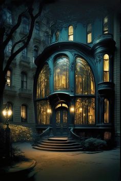 an old building lit up at night with stairs leading to the front door and windows