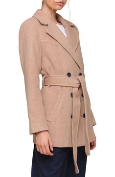 A warming, wool-enriched coat that's the perfect top layer features a sophisticated double-breasted silhouette and a matching belt cinching the waist. Double-breasted button closure Notched lapels Front welt pockets Removable tie belt Back vent Lined 64% polyester, 25% wool, 7% acrylic, 3% nylon Dry clean Imported Chic Belted Beige Wool Coat, Belted Beige Business Outerwear, Belted Beige Outerwear For Business, Beige Belted Outerwear With Lapel Collar, Belted Beige Wool Coat, Belted Beige Pea Coat For Winter, Beige Belted Pea Coat For Winter, Winter Beige Belted Pea Coat, Beige Belted Pea Coat With Lapel Collar