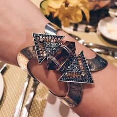 Our Crystal Empress Statement Cuff Bracelet features a geometric design & crystal accents. available in silver and gold Statement Cuff Bracelet, Bracelets With Meaning, Boho Crystal, Cowgirl Jewelry, Bling Shoes, Hand Jewelry, Statement Bracelet, Boutique Jewelry, Silver And Gold