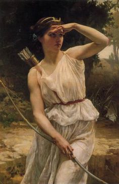 a painting of a woman holding a bow and arrow