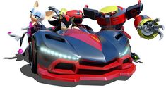 sonic the hedgehog and other cartoon characters riding on a toy car with two steering wheels