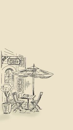 a drawing of an outdoor cafe with chairs and umbrellas