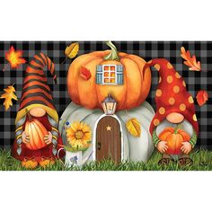 a painting of three gnomes sitting in front of a pumpkin house with sunflowers