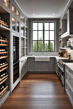 a wine cellar in the middle of a kitchen