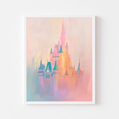 an abstract painting of a castle in pastel colors on a white wall with a light pink background