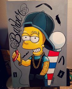 a painting of the simpsons wearing a baseball cap