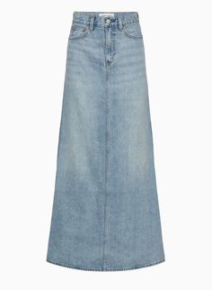 THE '90S HELENA MAXI DENIM SKIRT | Aritzia Relaxed Full Length Denim Skirt In Medium Wash, Medium Wash Full Length Relaxed Denim Skirt, Medium Wash Denim Maxi Skirt, Medium Wash Denim Maxi Skirt Straight Leg, Medium Wash Straight Leg Denim Maxi Skirt, Trendy High-rise Maxi Skirt For Spring, Full-length Denim Skirt With Frayed Hem, Full Length Denim Skirt With Frayed Hem, Chic Medium Wash Denim Maxi Skirt