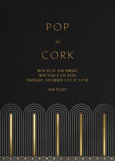 a black and gold party card with the words pop in the cor on it