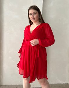 Curve Chiffon Surpliced Long Sleeve Dress Plus Size Dresses Red 1XL -2020AVE Elegant Red Chiffon Dress With V-neck, Red Chiffon Dress For Spring Party, Red Chiffon Party Dress For Spring, Elegant Red Chiffon Party Dress, Spring Red Party Chiffon Dress, Spring Party Red Chiffon Dress, Elegant Red Chiffon Dress For Spring, Red Chiffon Evening Dress For Spring, Chic Red Chiffon Dress For Spring