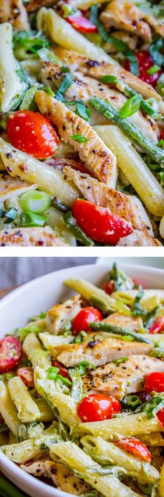 two pictures of chicken, asparagus and tomato salad