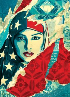 a painting of a woman with an american flag on her head