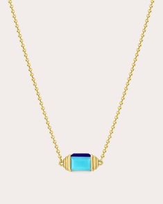 Tactile in nature, this 18-karat gold necklace features a four-sided pendant that rotates between inlaid turquoise, lapis lazuli, gray moonstone and white onyx. From Jennifer DeMoro’s Solara Collection, a nostalgic nod to the 1970s’ freewheeling spirit. Clasp closure Swivel pendant High-polish stardust finish 18k yellow gold, turquoise, lapis lazuli, gray moonstone and white onyx Carat: 4.038 ctw Polish with soft cloth Made in Thailand Measurements Chain length: 16-18in White Onyx, Multi Stone, In Nature, Chain Lengths, Chain Length, Lapis Lazuli, Moonstone, Onyx, 18k Gold