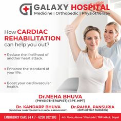 How cardiac rehabilitation can help you out? Reduce the likelihood of another heart attack. Enhance the standard of your life. Boost your cardiovascular health. #galaxyhospital #hospital #drneha #cardiacphysiologist #physiotherapy #physiotherapist #advice #recovery #ahmedabad #besthospital Emergency Care, Best Hospitals, Cardiovascular Health, Ahmedabad, Medicine, Health