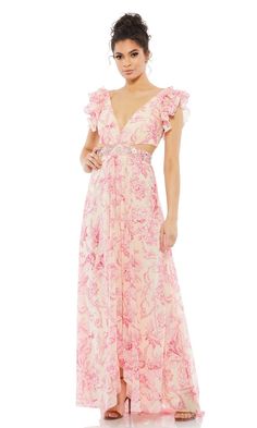 Pink floral print a-line long dress with open back, cut out sides, v-neckline and ruffle shoulder detail. Bridesmaid Looks, Empire Waist Gown, Wedding Lookbook, Prom 2024, Dress Colors, Long Formal Dress, Matron Of Honor, Pink Bridesmaid Dresses, Floral Gown